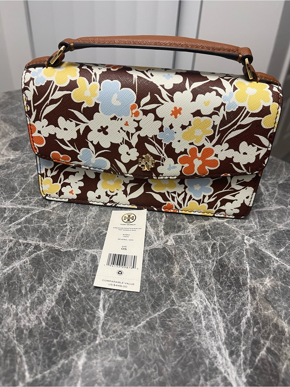 Tory Burch Brown Floral Top-Handle Satchel with Multicolor Blooms